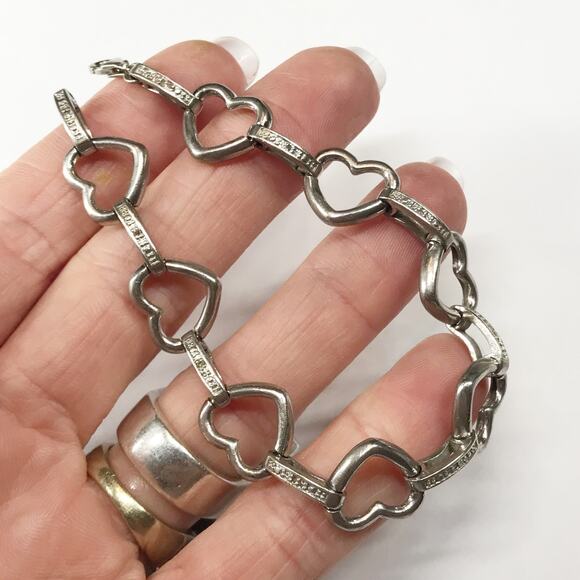 925 Sterling Silver Open Heart Charm and CZ Accented Bar Station Chain Bracelet - Picture 6 of 10